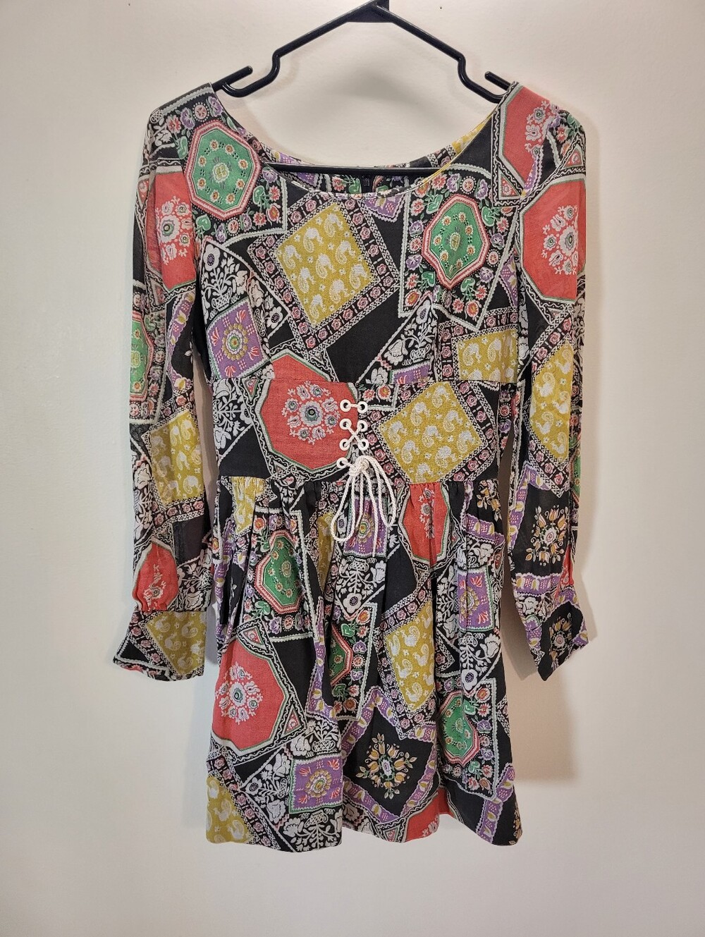 Vintage Young Elegant Boho Lace-Up Patchwork Long Sleeve Dress - Multi- Xs